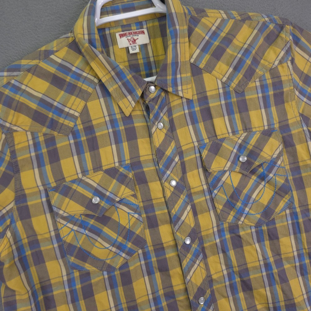 True Religion Shirt Mens XL Western Pearl Snap Plaid Yellow Blue Short Sleeve XL